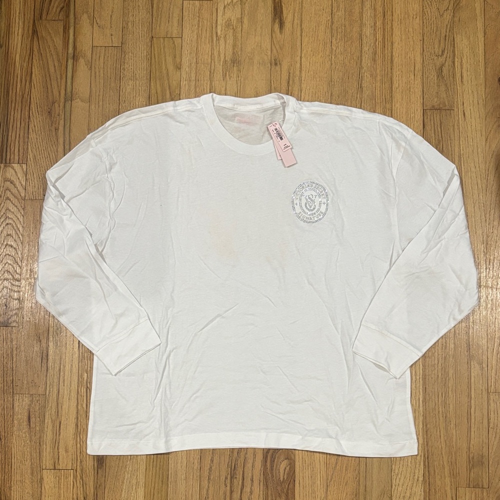 Victoria’s Secret White Rhinestone Bling Logo Crew Neck Long Sleeve PJ Top